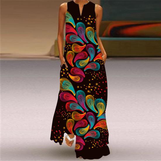 Stylish Women Dress Sleeveless Butterfly Print V Neck Large Hem Maxi Dress for Summer