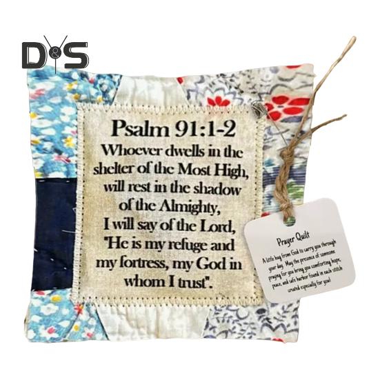 Mini colcha de oração, colcha de oração vintage com dispositivo de madeira dentro, colcha de oração de bolso feita à mão, quadrados, presente religioso para amigos cristãos