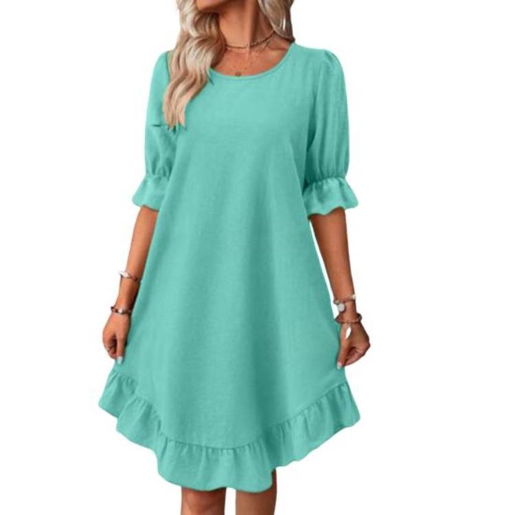Summer Loose A-line Midi Dress for Women Solid Color Big Swing Ruffle Patchwork O Neck Pullover Knee Length Mid Sleeves Dress