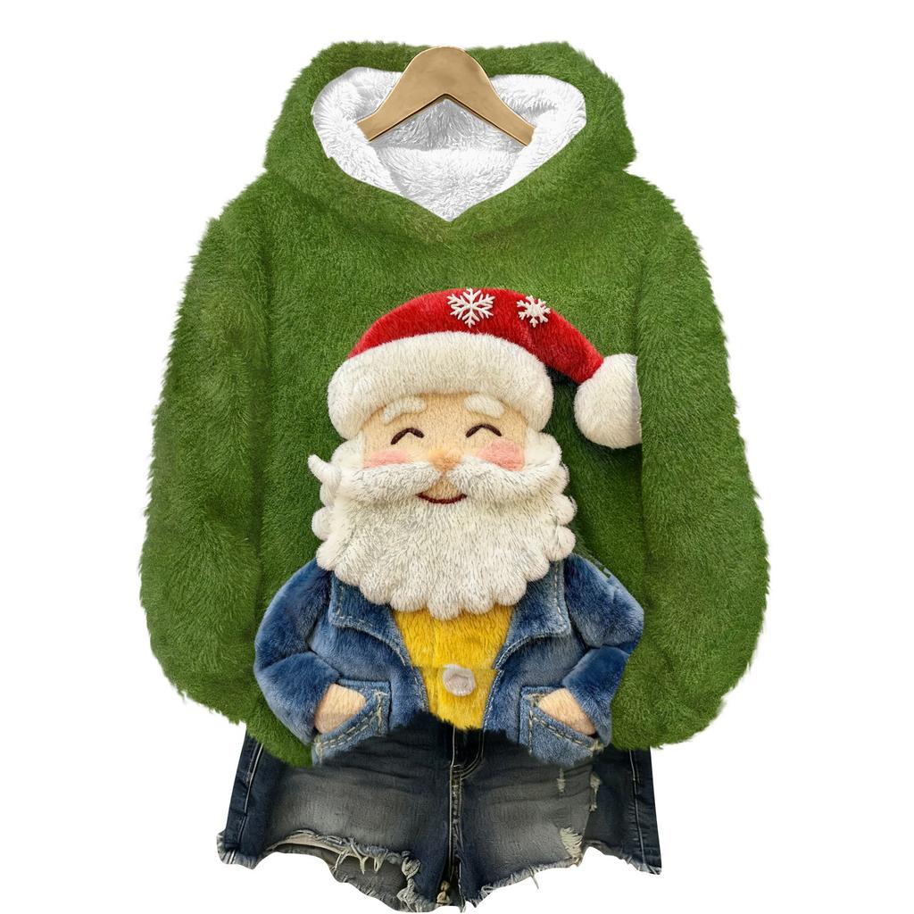 Women's Hooded Long Sleeve Christmas Printed Flannel Top Hooded Sweatshirt