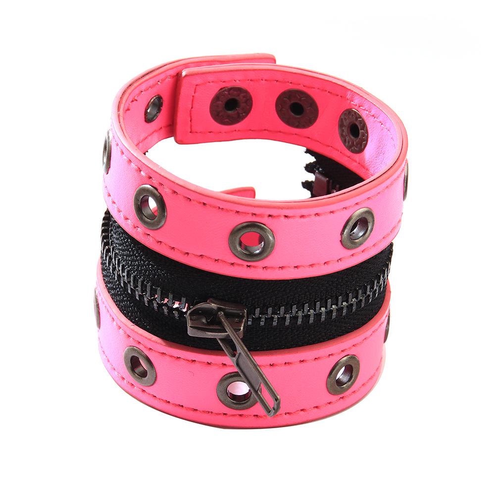 Pulseira Europeia e Americana Punk de Corrente de Rebites em Couro de Vaca com Zíper
