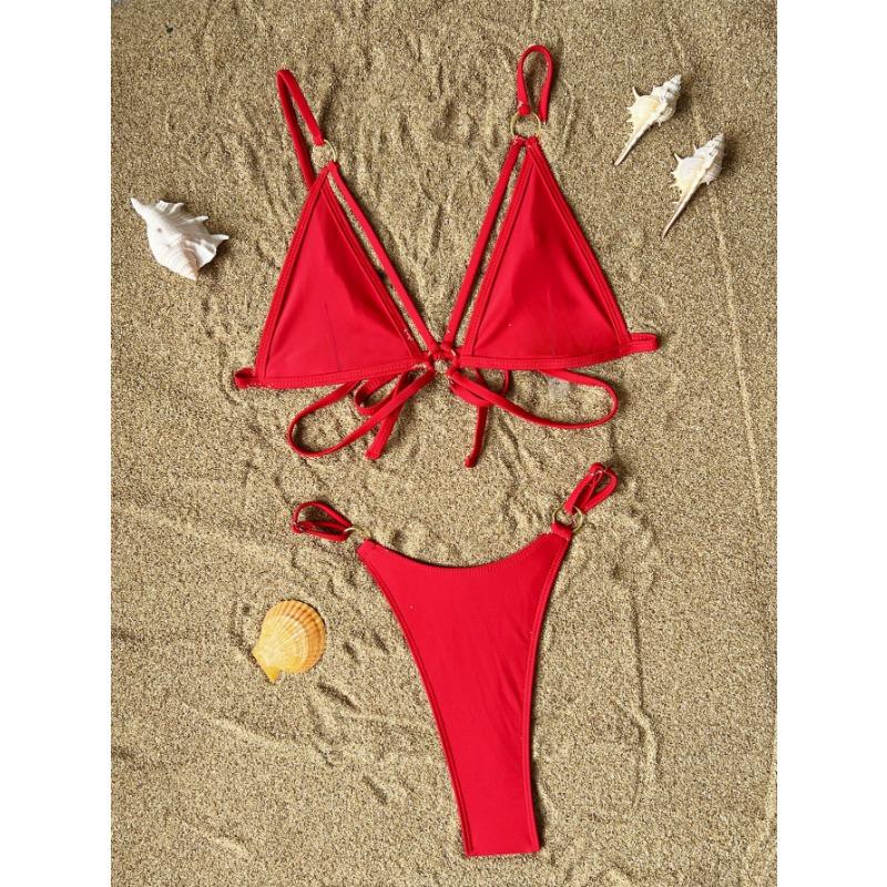 Solid Color Strappy Backless Sexy Women Two Piece Bikini Swimwear