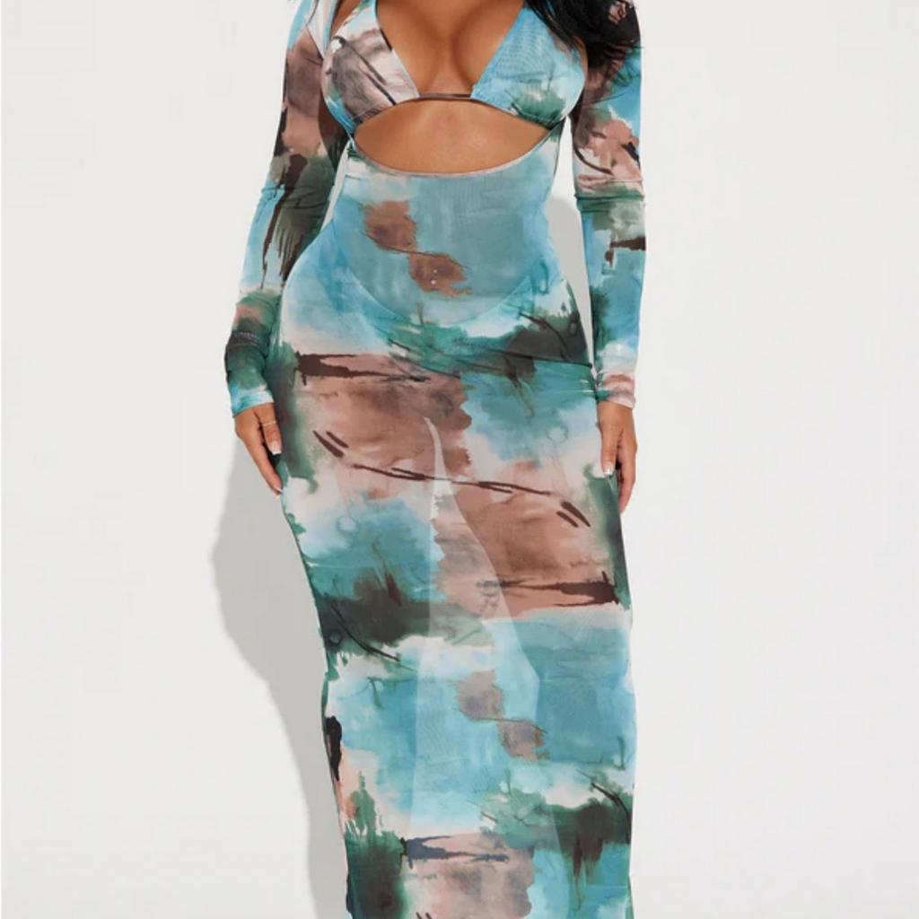 Women's Swimsuit Long Sleeve Tie Dye Three Piece Sexy Halter Neck Bikini Split Suit Beach Wear