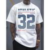 Heren Pure Witte T-shirt Retro Varsity '32 Atletisch T-shirt | Klassiek, Ronde Hals, Normale Pasvorm, Korte Mouw, Geometrisch Patroon, Grote Maten