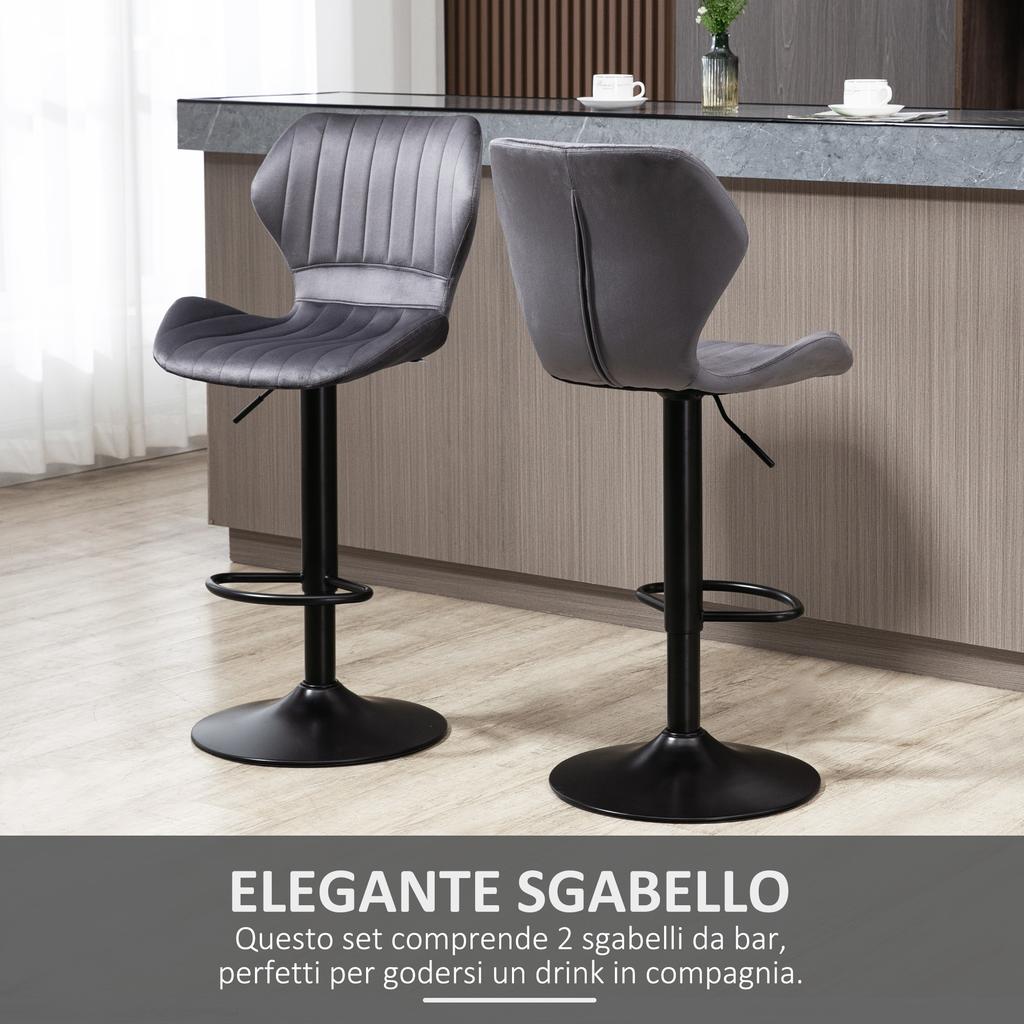 Set of 2 Height-Adjustable Bar Stools with Ergonomic Seat and Footrest, Tall Stools in Velvet Effect and Metal, 47x51.5x92-114 cm, Grey