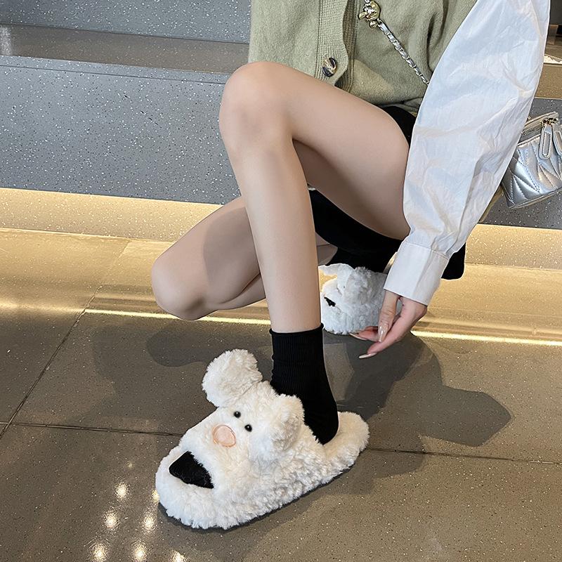 Plush ear-moving cute plush home slippers autumn and winter new casual versatile one-word fish mouth women's cotton shoes