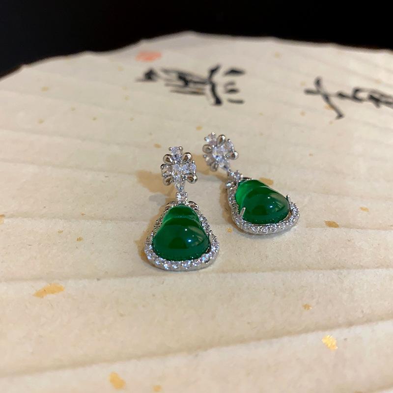 Silver needle emerald gourd zircon stud earrings niche temperament Chinese style earrings Guochao light luxury high-end earrings women