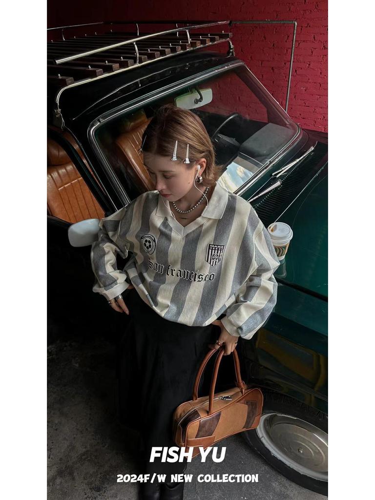 2025 Spring/Autumn Retro Jersey Vertical Stripe Letter Print Polo Collar Sweatshirt for Women