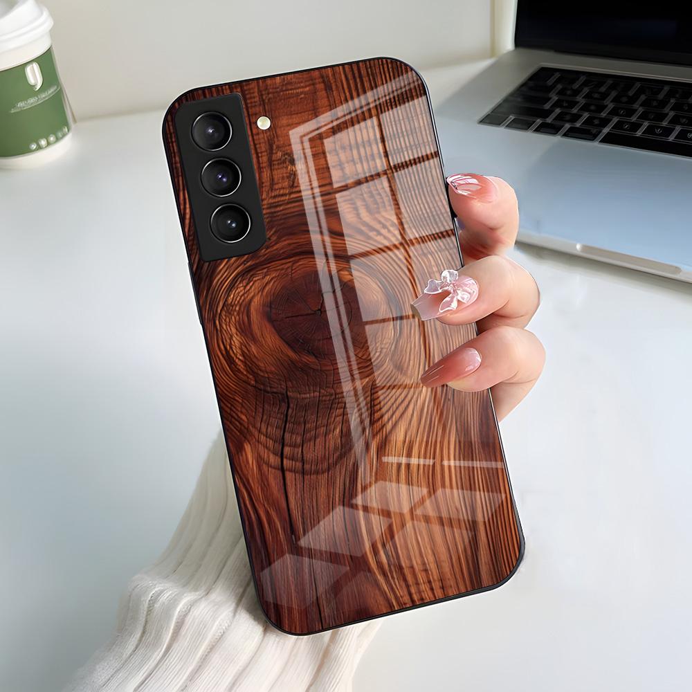 Natural Wood Phone Case For Samsung S26 S25 S24 FE S23 S22 S21 Plus S20 Ultra Note20Ultra Black Glass Cover