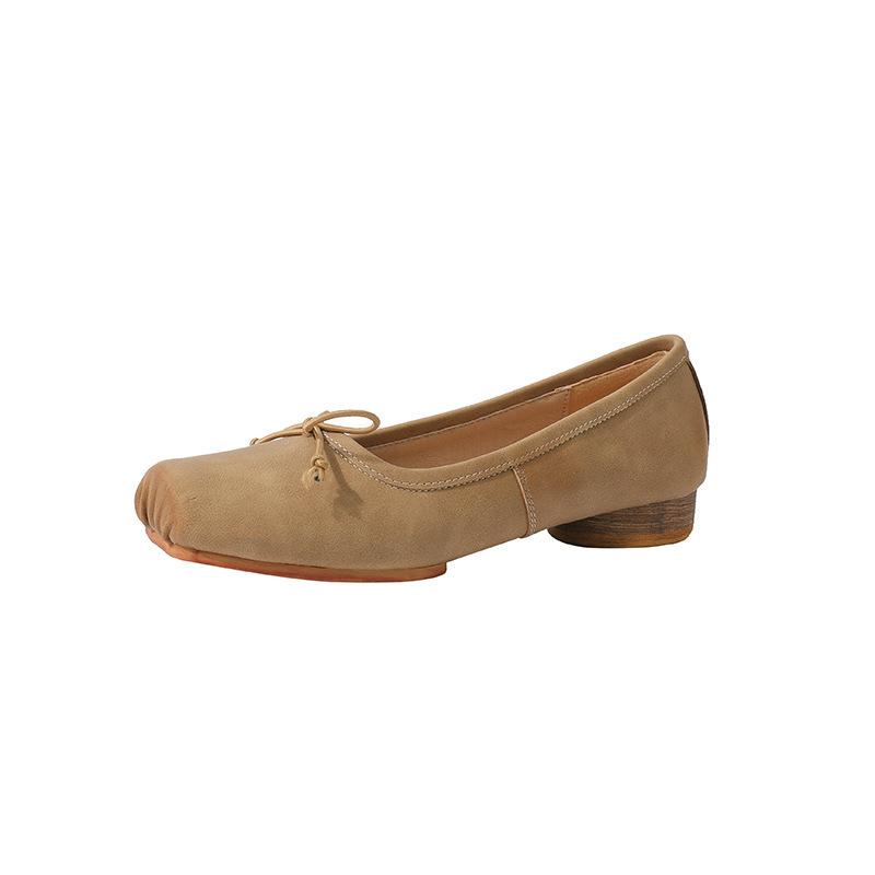 Grape Mother Has the Same Bow, Pig Nose, Square Head, Single Shoes, Small Thick Heels, Shallow Mouth, Cowhide Ballet Shoes for Women