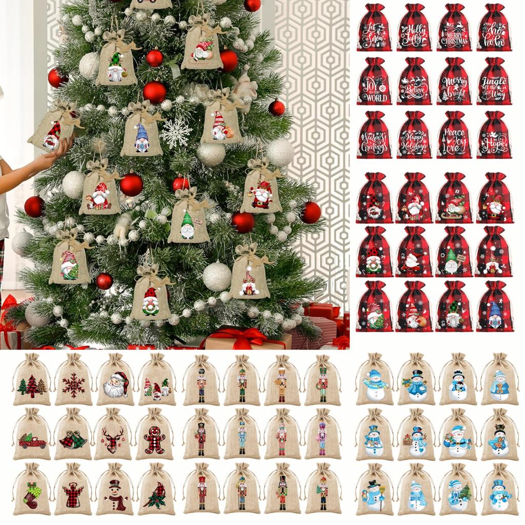 12 Pc Party Gift Bags,  Linen Packaging Bags, Christmas Bundle Bags