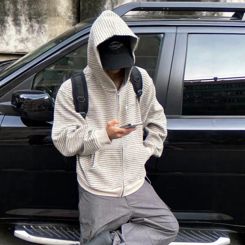 Unisex Striped Hooded Zip Sweatshirt Loose Fit Casual Couple Outerwear American Retro Style