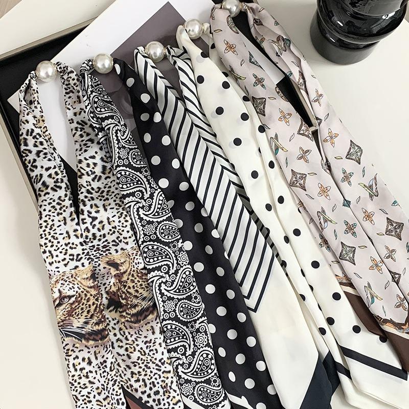 Silk scarf long strip high-end new striped simple decorative scarf hair tie streamer double splicing magnetic silk scarf
