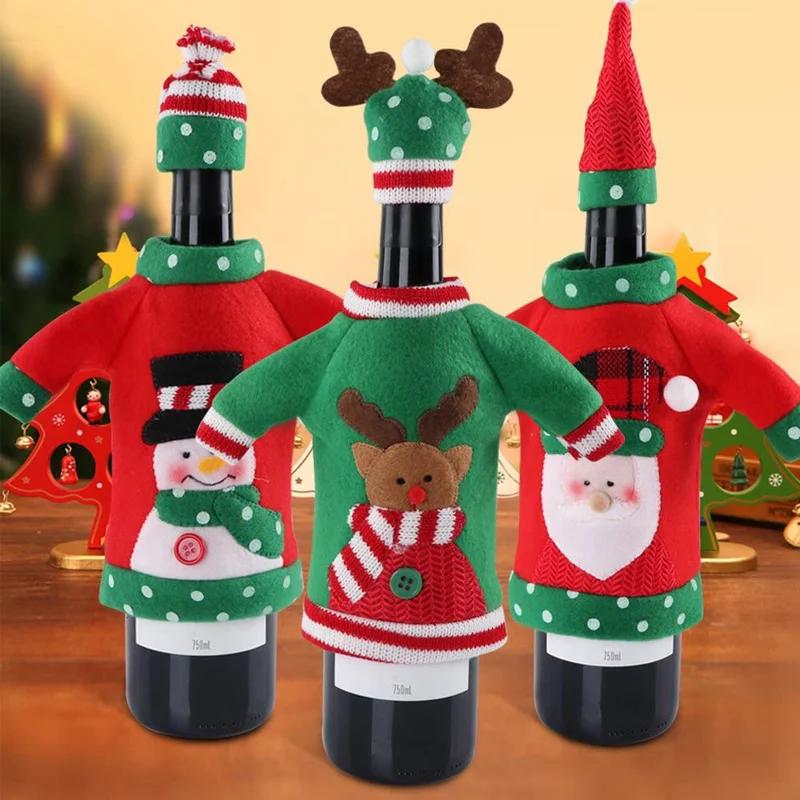 Kreatives Weihnachts-Weinflaschen-Set, goldenes Samtkleid, Weinflaschenhüllen, Ärmel, Weihnachtsmann, Schneemann, Weihnachten, Neujahr, Tischdekoration