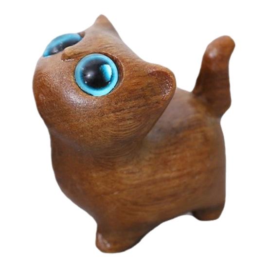 Mini Cat Figurine Hand-carved Wooden Cat Statue Collectible Polished Miniature