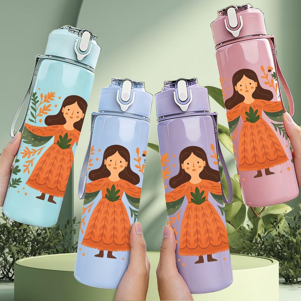 1PC Floral Angel Girl Art 750ml Color Plastic Sports Water Bottle Leakproof Flip Straw Lid Suitable for Sports Office Home Use