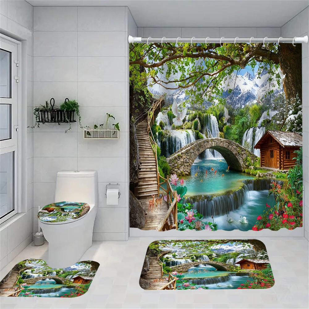 1/4 Forest Waterfall Print Shower Curtains, Toilet Seat Decoration, Shower Curtain with Carpet and Toilet Lid, 70.8x70.8 Inch