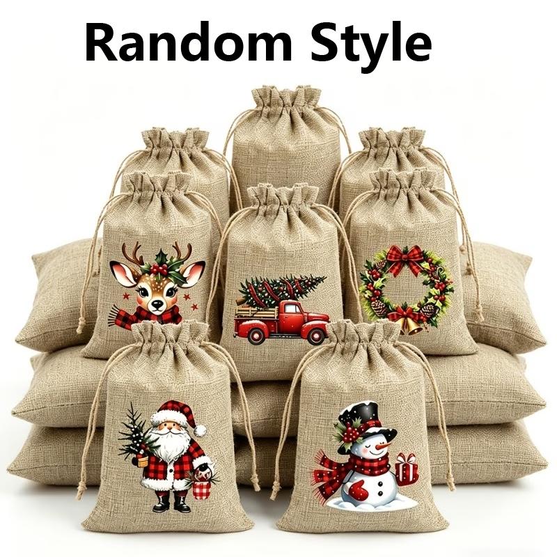 5/12pcs Christmas Jute Drawstring Gift Bags Reusable Holiday Treat Pouches Christmas Party Gift Wrapping Bags Tree Hanging Decorations