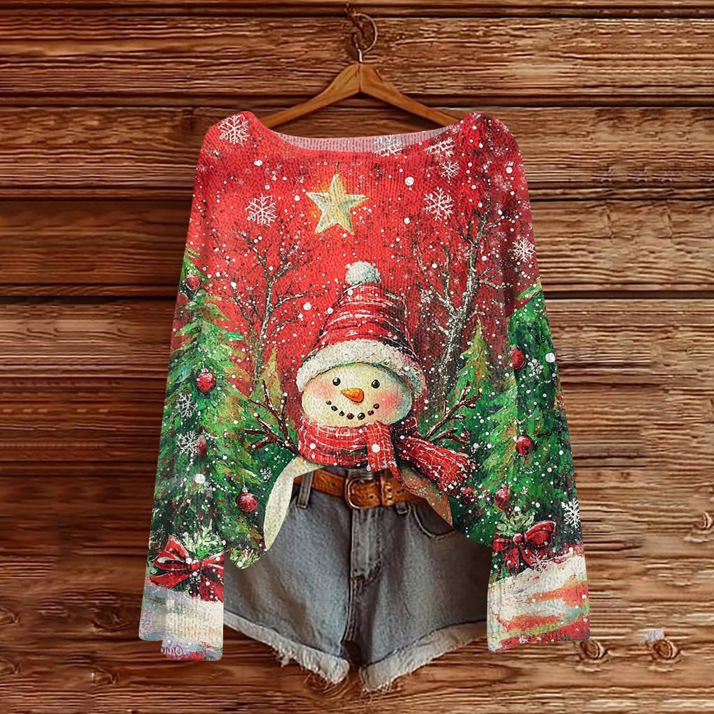 Women's Fashion Christmas Print Lightweight Sweater Casual Long-Sleeve Knit Pullover Top