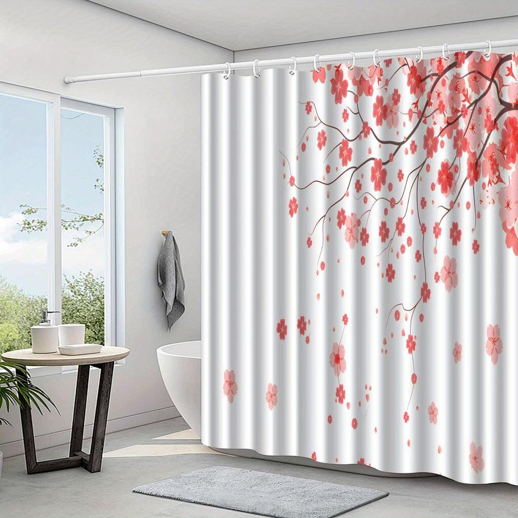 1pc cherry blossom print shower curtain, polyester fabric, machine washable, with hook, suitable for bathroom decoration