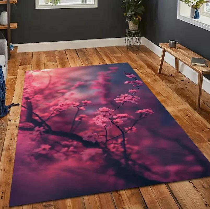 Oriental Cherry Blossom Area Rug Traditional Plum Flower Floor Carpet Non Slip Washable Mat Style Decor Rug for Living Room