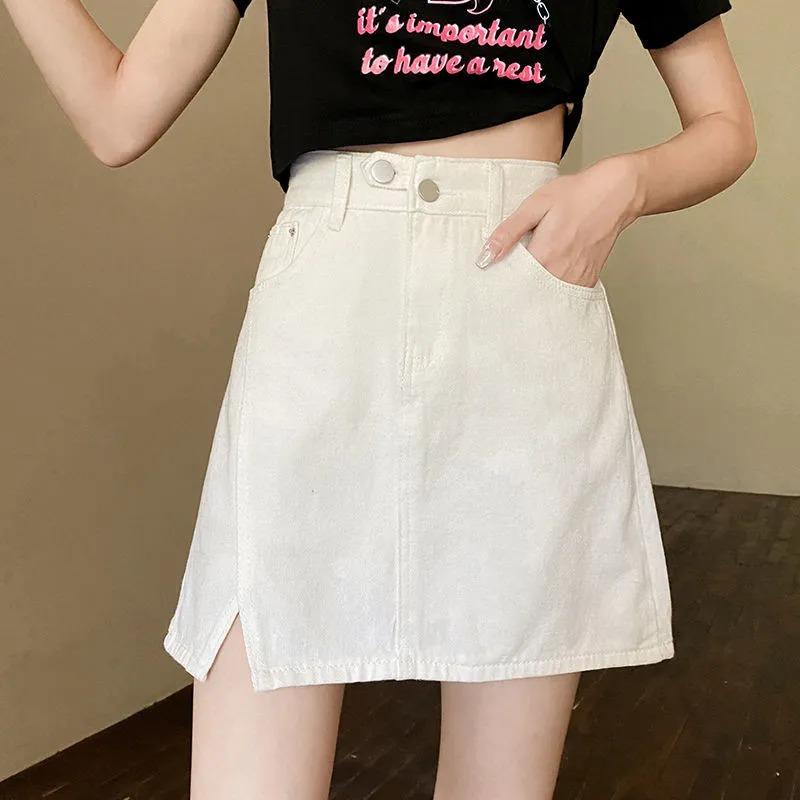Women Pink High Waist Split A Line Denim Skirt