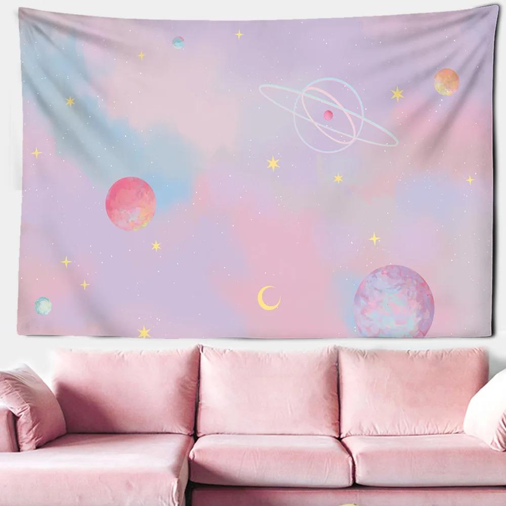 Pink Cloud Moon Starry Sky Hanging Cloth Office Living Room Tapestry Home Wall Decoration Tapestry