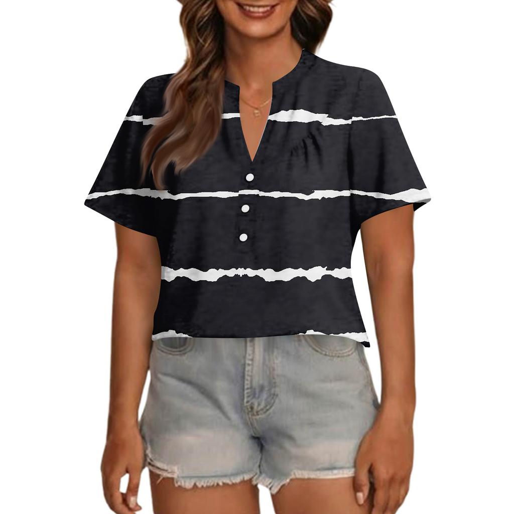 Women's Fashionable Casual V Neck Button Up Oversized Short Sleeve Printed Top