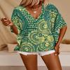 Printed T-Shirt For Women Summer New Vacation Style Batwing Sleeve Loose Fashion Button Decoration Ladies Top