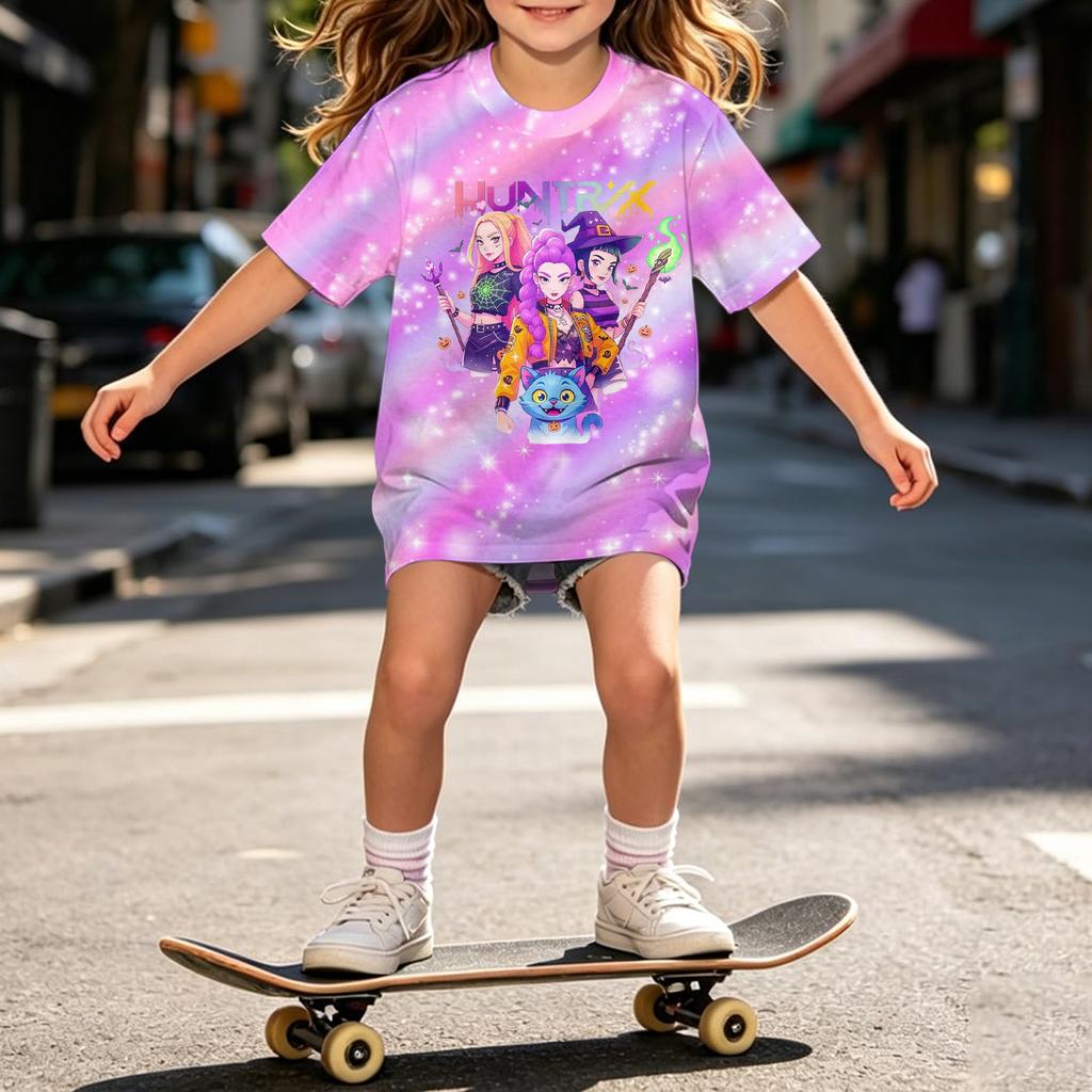 Girls Loose Fit Short Sleeve T Shirt Halloween Inspired Demon Hunter Print Casual Comfortable Top for Kids
