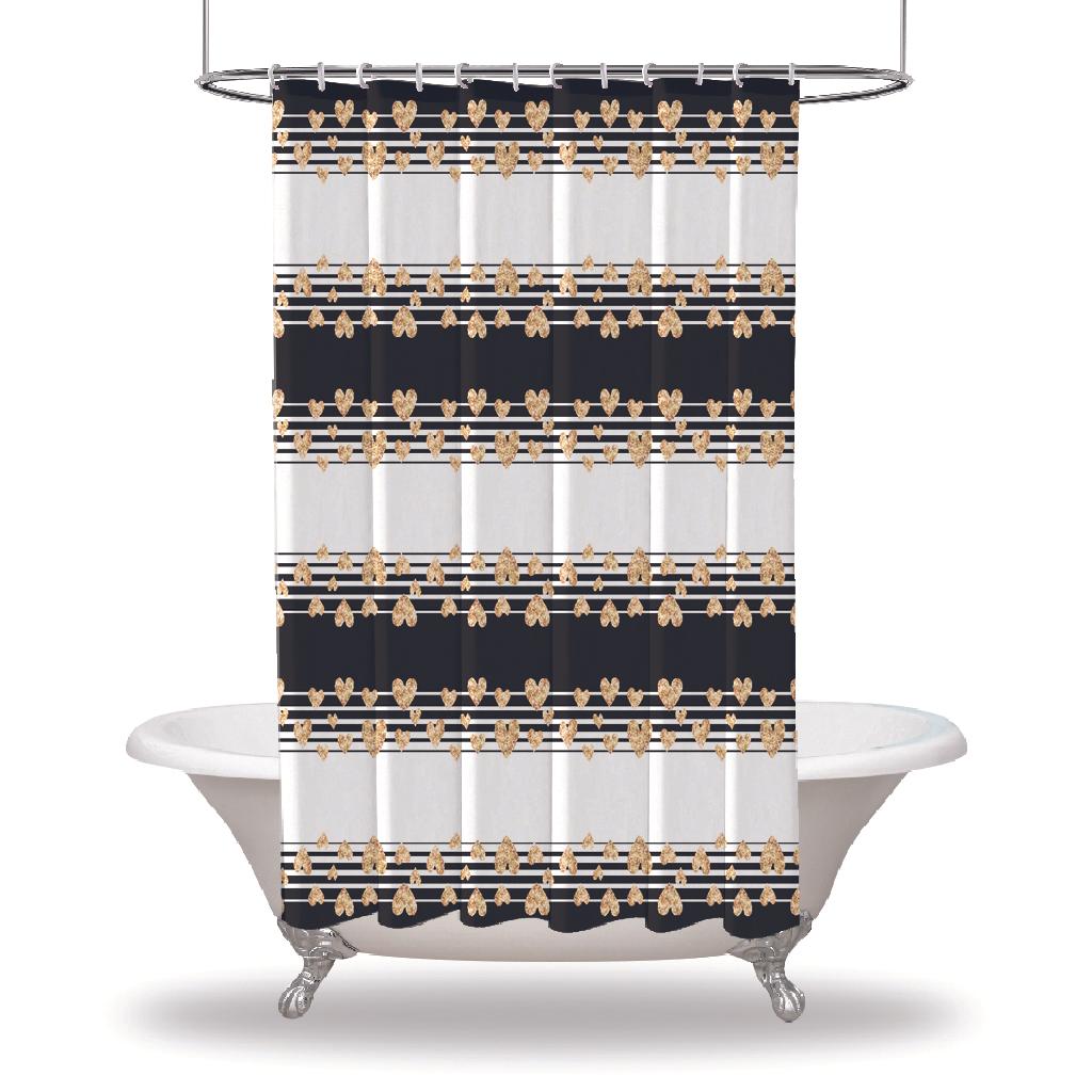 

Занавески для душа с художественным принтом/водонепроницаемые занавески для душа для украшения вашей ванной комнаты — золотые сердца в черных полосах, романтика