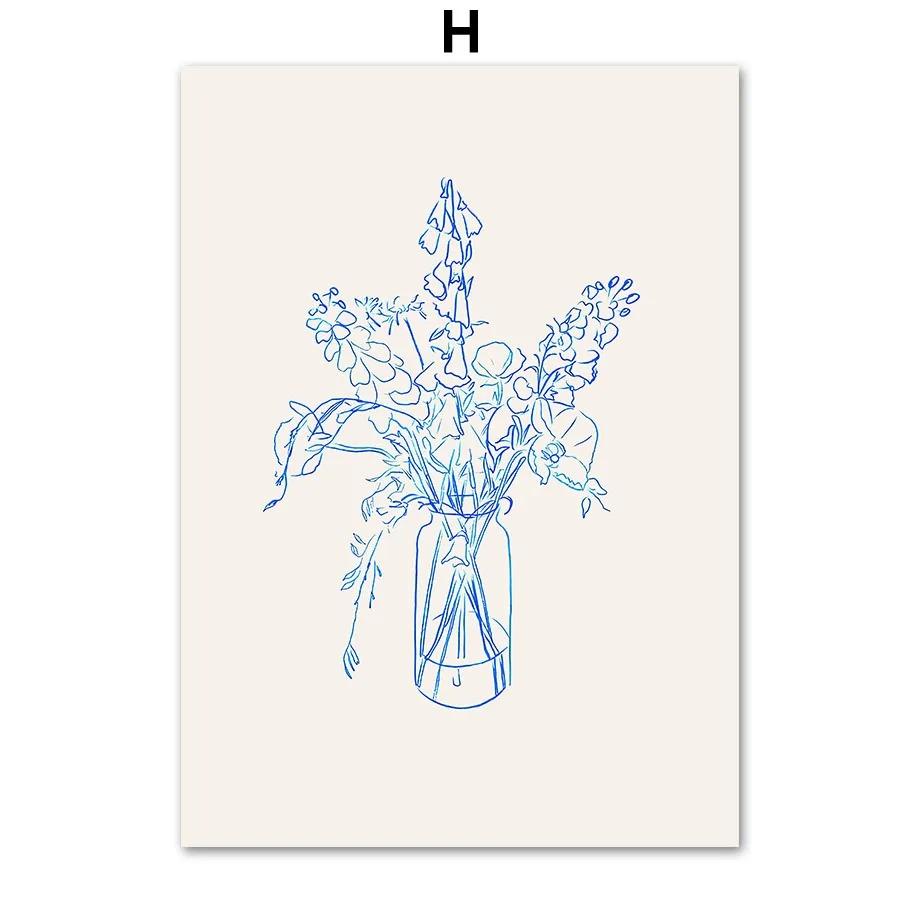 1Pcs Interior Paintings Blue Striped Girl Wall Decororation Modern Art Living Room Home Decor Vase Canvas Painting Nordic Poster No Frame