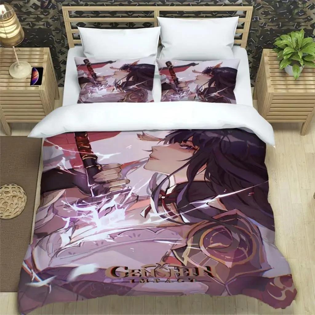 Genshin Impact Print 3 Piece Bedding Set For Boys Adults Quilt Cover Pillowcases Soft Comfortable Fashion Bedding