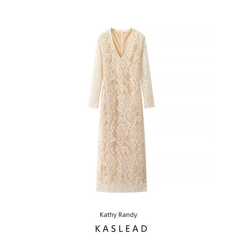 Kaslead New Women Clothes Western Style Fashion Slim Fit Sexy Yellow Lace Long Dress