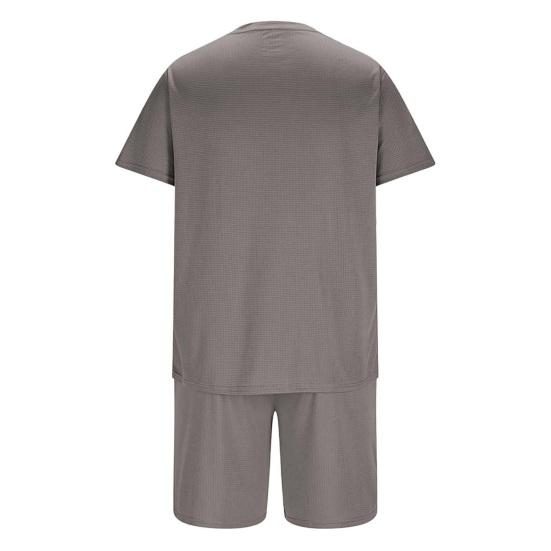 2Pcs/Set Men Sports Suit O-Neck Short Sleeve T-shirt Elastic Waist Wide Leg Shorts Set Solid Color Waffle Fabric Sportswear