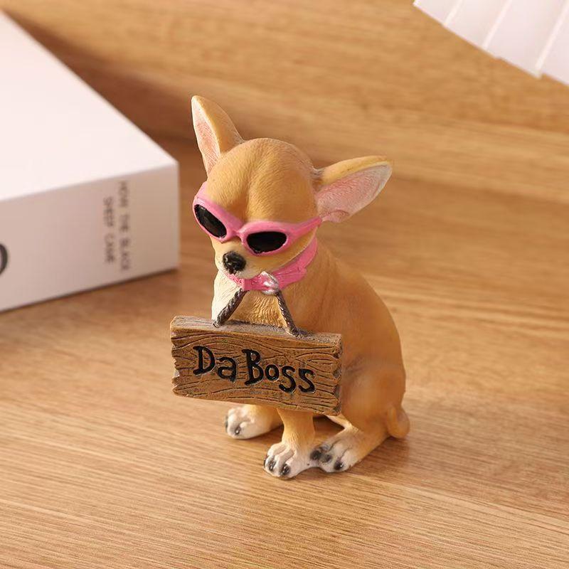 Chihuahua Dog Statue Figurine 10.5cm Hand-Painted Realistic Cute Resin Animal Sculpture Home Desk Shelf Decor Gift for Pet Lover