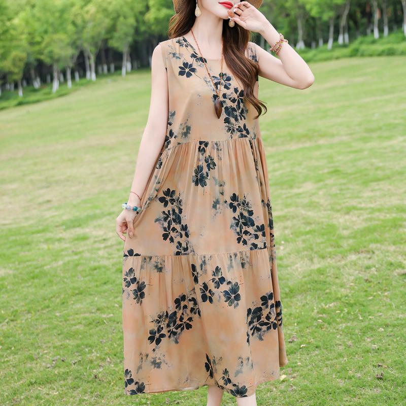 Elegant Sleeveless Dress for Women Plus Size Loose Vintage Print Long Dress Summer Middle-aged Women's Clothing