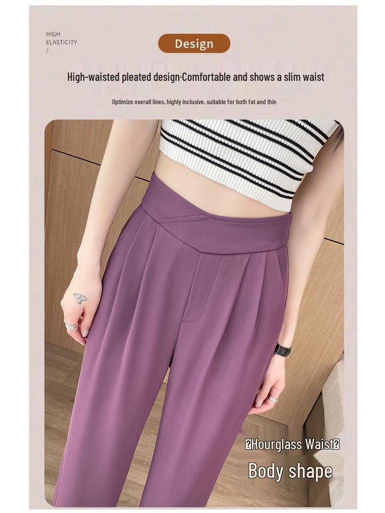 Women's Casual Ice Silk Pleated High-Waisted Pants - Summer Petite, Thin & Slimming Suit Pants