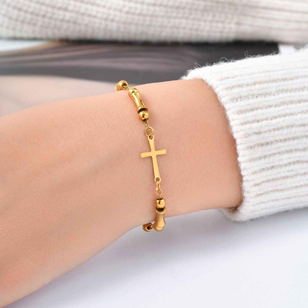 Vintage Rosary Bamboo Bead Chain Virgin Bracelet for Women,Stainless Steel Our Lady's Cross Bracelets,Charm Religious Jewelry