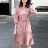 Women Casual Round Neck Solid Color 3/4 Sleeve Loose Midi Dress