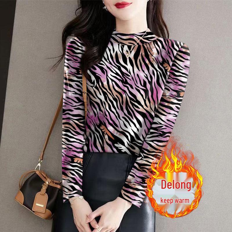 Women's Floral Ribbed Fleece Base Layer Top - Semi-High Neck, Long Sleeve, Slimming and Versatile for Moms