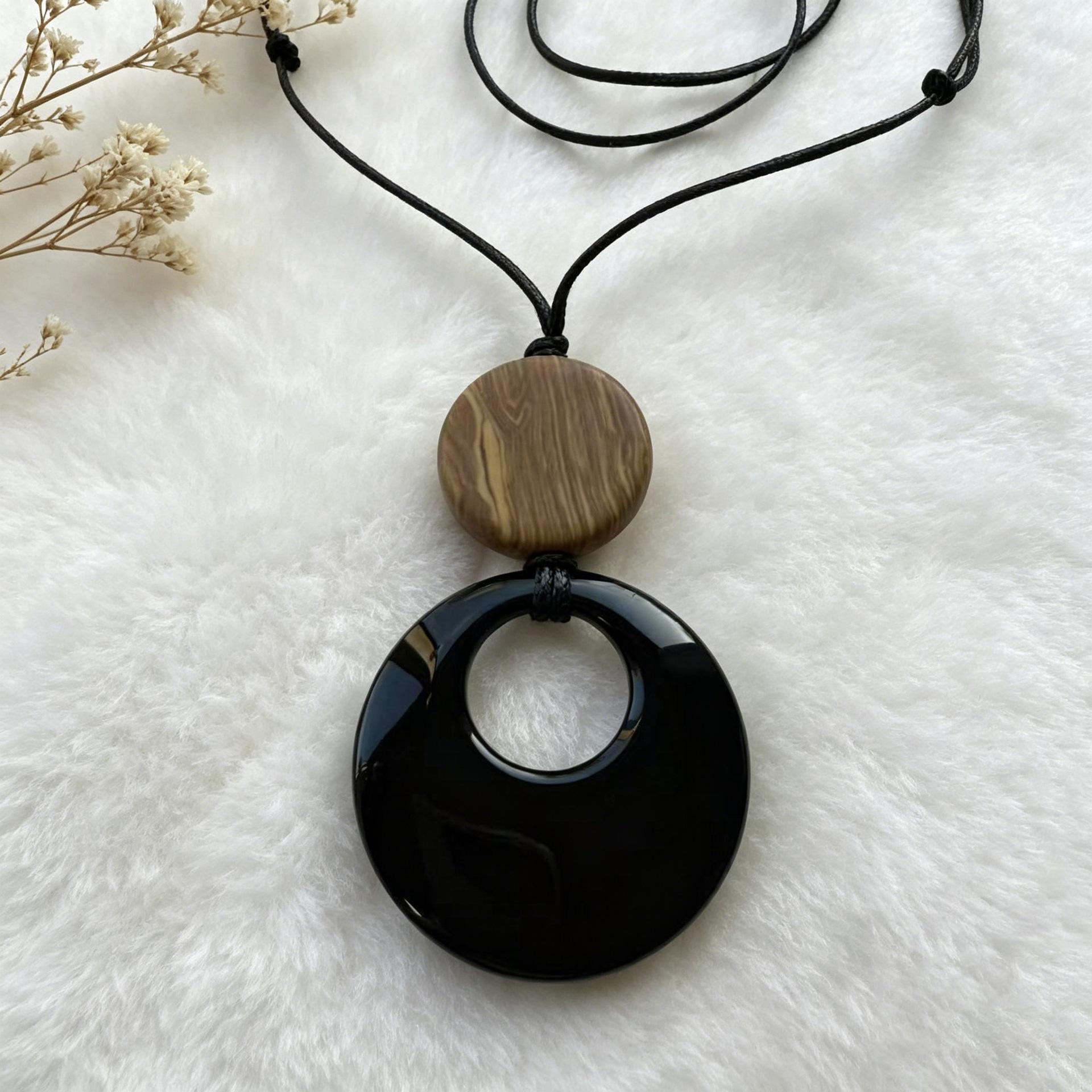 Geometric Irregular Black Agate Long Pendant New Chinese Premium Sweater Chain Personalized Simple Versatile Necklace