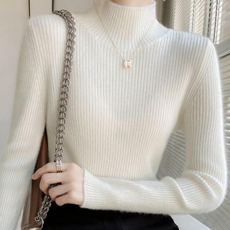 Damski Ciepły Sweter z Półgolfem w Delikatnym Różu Jesień Zima Dopasowany Warstwa Bazowa Top