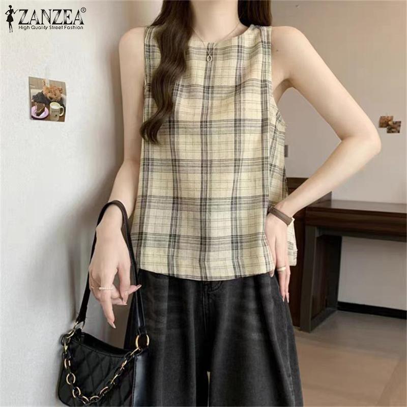 ZANZEA Women Summer Round Neck Sleeveless Grid Print Tank Tops