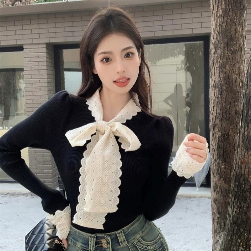 French temperament lace bow with sweater inside women's winter black short slim fit