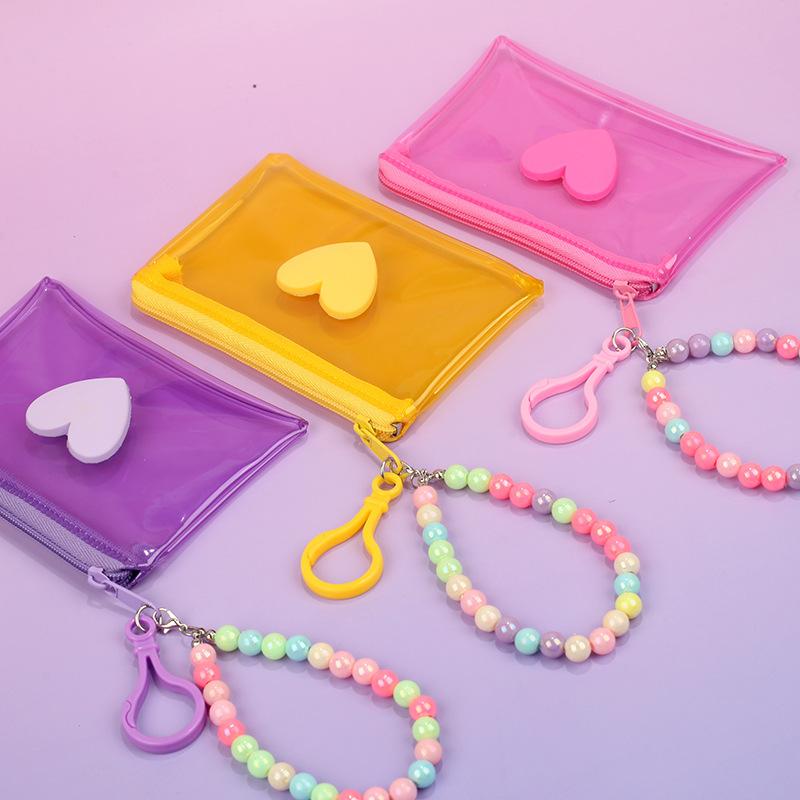 Cute Heart Pvc Transparent Handbag Coin Purse With Beads Chain Women Wallet Zipper Bag Wallet Earphone Key Storage Bag Girl Gift
