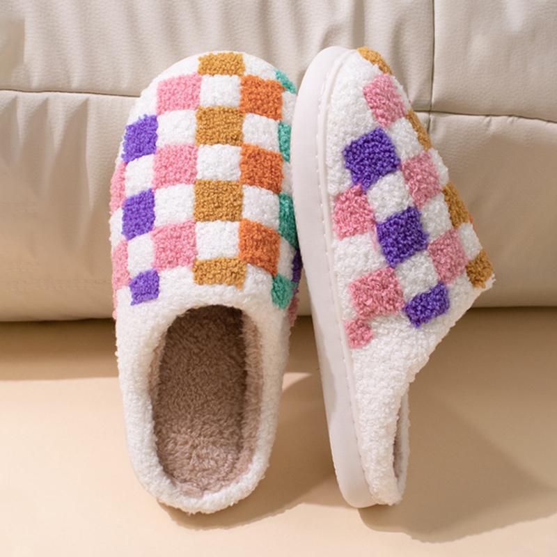 Fashion Fashion Mixed Color Plaid Cotton Slippers Women Comfort Soft Sole Plush Home Slides Woman 2025 Indoor Non Slip Fluffy Slippers