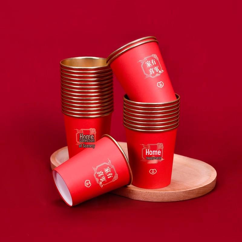 Disposable Gold Foil Wedding Tea Cups: Thickened Red Festive Collection