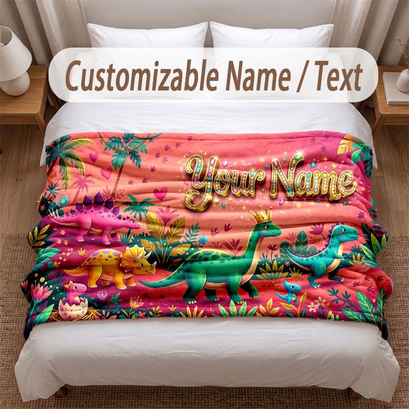 Dinosaur Theme Soft Blanket Personalized Custom Name Text Print Warm Blanket Home Sofa Bedroom Decor