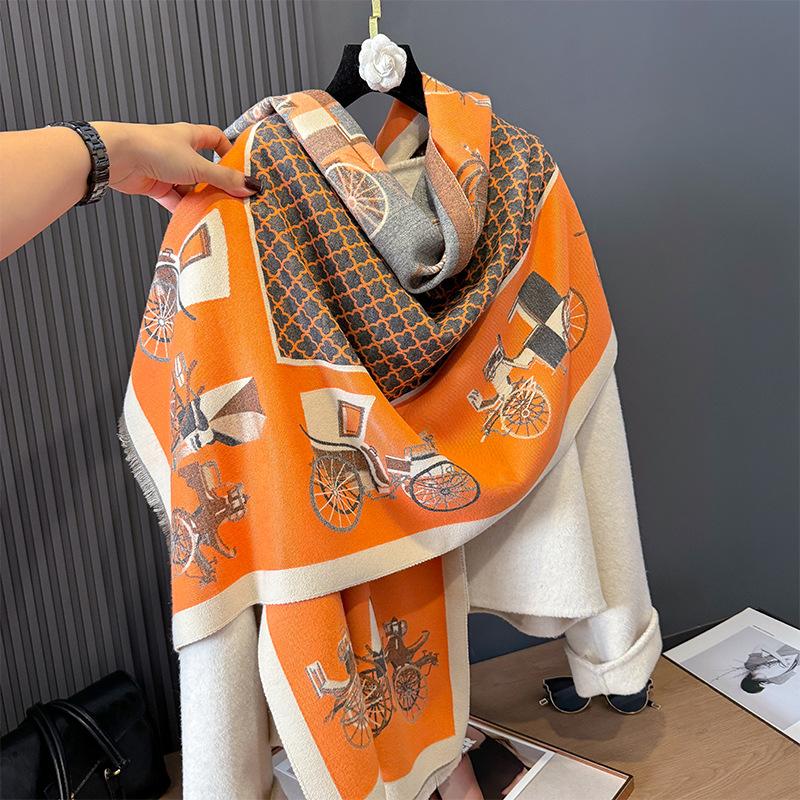 Imitation Cashmere Scarf Retro Style Old-Fashioned Car Contrasting Color Double-Sided Personalized High-Grade Warm Shawl